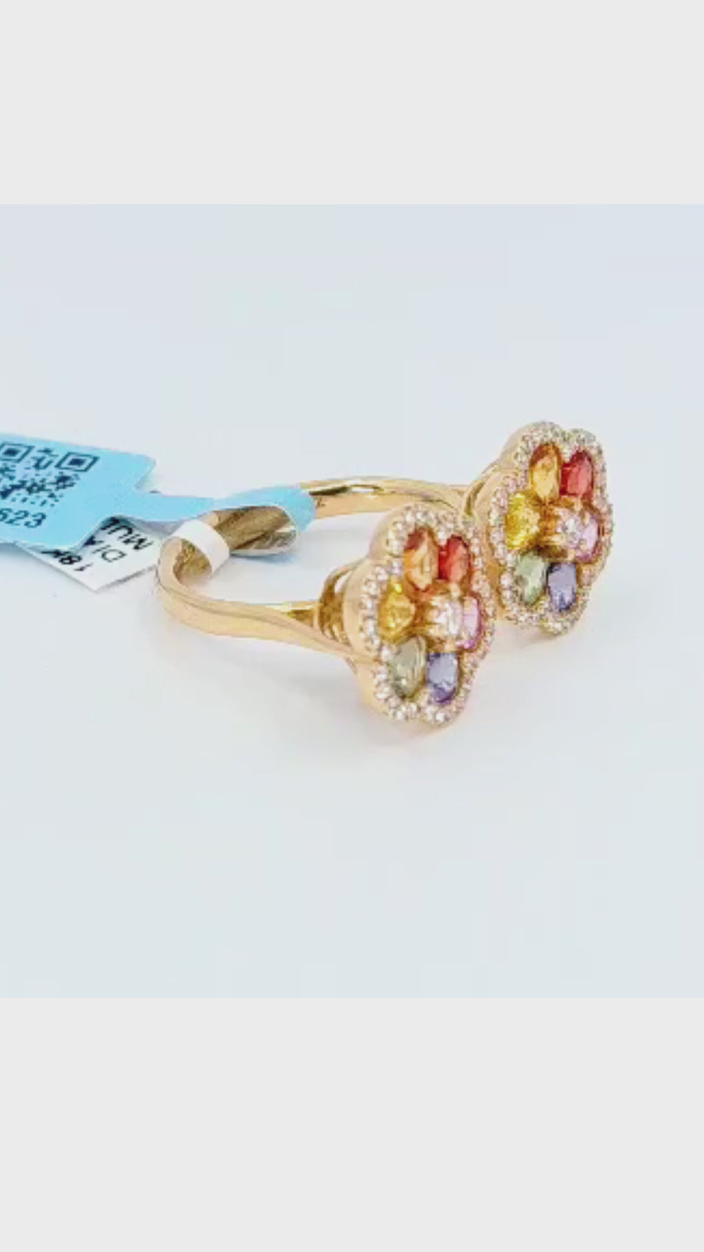 18K Yellow Gold Double Flower Ring with Sapphires & Diamonds - 2211