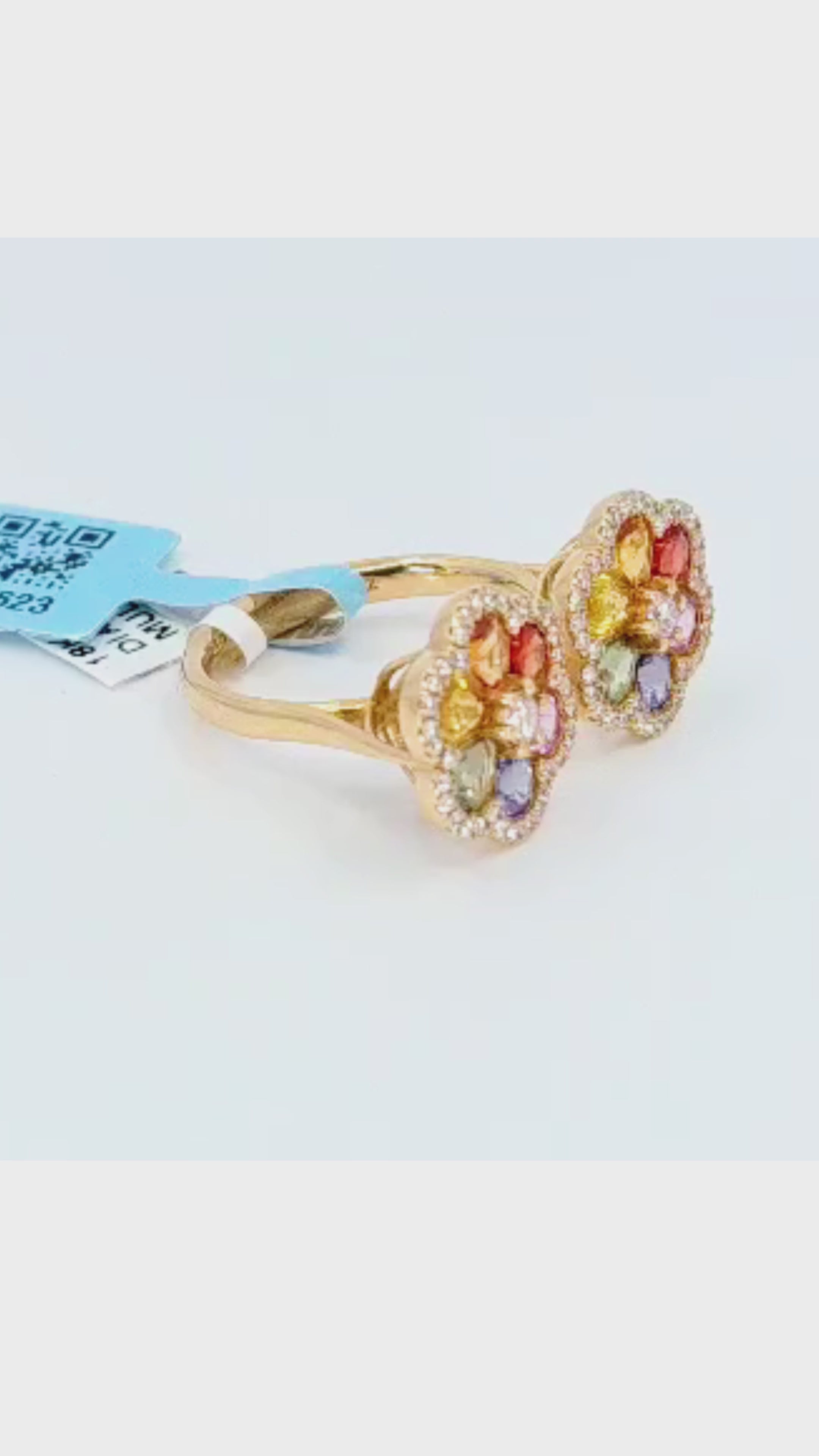 18K Yellow Gold Double Flower Ring with Sapphires & Diamonds - 2211