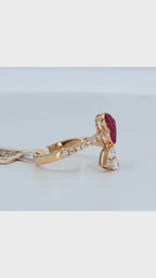 18K Rose Gold Double Heart Ruby &amp; Diamond Ring - 2214