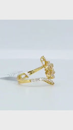 18K Yellow Gold Two-Line Flower Ring with Baguette &amp; Round Diamonds - 2216